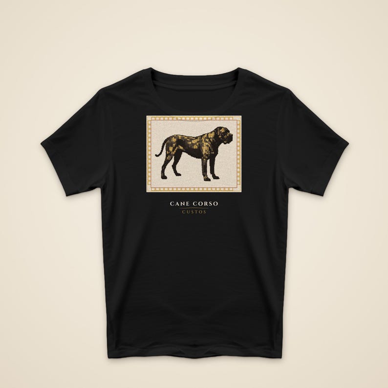 May include: A black short-sleeve t-shirt featuring a centered rectangular graphic of a Cane Corso dog in shades of brown and black. Below the dog, the text reads CANE CORSO and CUSTOS in white capital letters with a horizontal line between them.