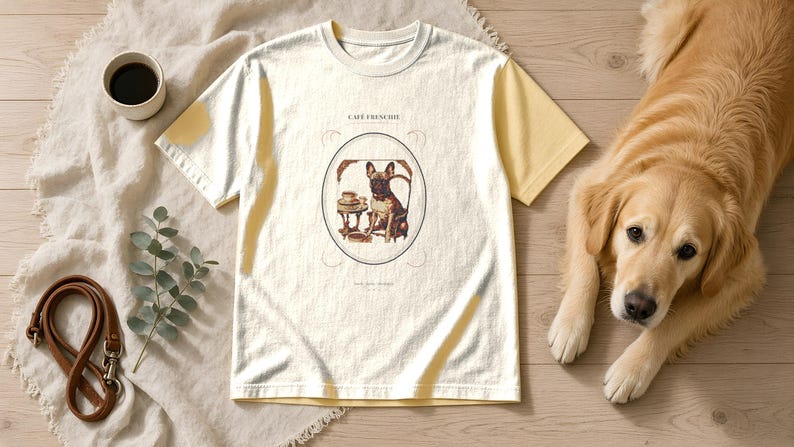 Puede incluir: Una camiseta de manga corta de color crema con un gr&aacute;fico central de un bulldog franc&eacute;s sentado a una mesa con una taza de caf&eacute;. El texto "CAFE FRENCHIE" est&aacute; impreso sobre el perro en una fuente fina y oscura dentro de un marco ovalado.