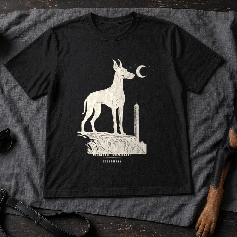 Doberman Shirt Night Watch, Vintage Dobermann Tee, Doberman Gift for Mom or Dad, Watchtower Dog Owner Shirt image 1