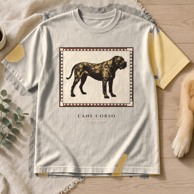 May include: A light beige short-sleeve t-shirt featuring a central rectangular graphic of a Cane Corso dog rendered in a pixelated mosaic style. The text CANE CORSO is printed in black below the graphic, with the word CUSTOS printed in smaller red letters.