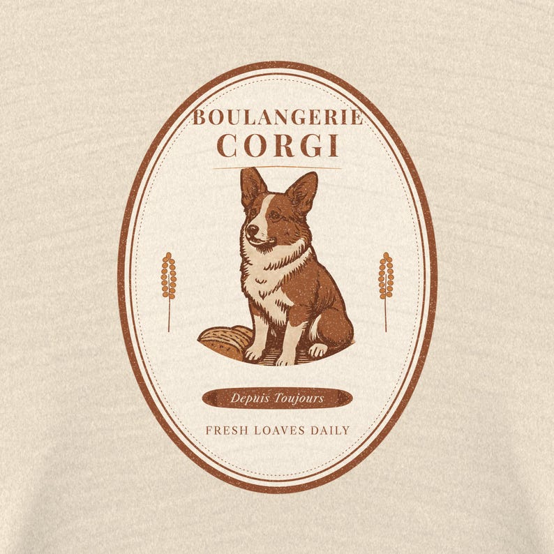 May include: A beige fabric featuring a brown oval graphic with a Corgi dog illustration. The text reads BOULANGERIE CORGI, Depuis Toujours, and FRESH LOAVES DAILY. Two wheat stalks flank the dog, which sits beside a loaf of bread.
