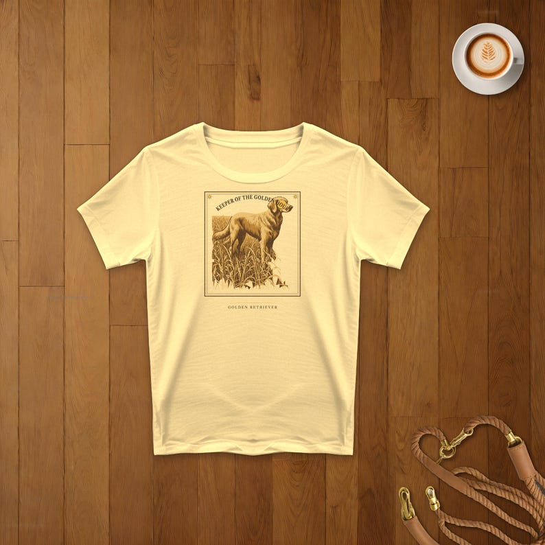 May include: A pale yellow short-sleeved t-shirt featuring a rectangular graphic print of a dog standing in tall grass. The text above the dog reads "KEEPER OF THE GOLDEN HOUR" and the text below the dog reads "GOLDEN RETRIEVER" in dark brown ink.