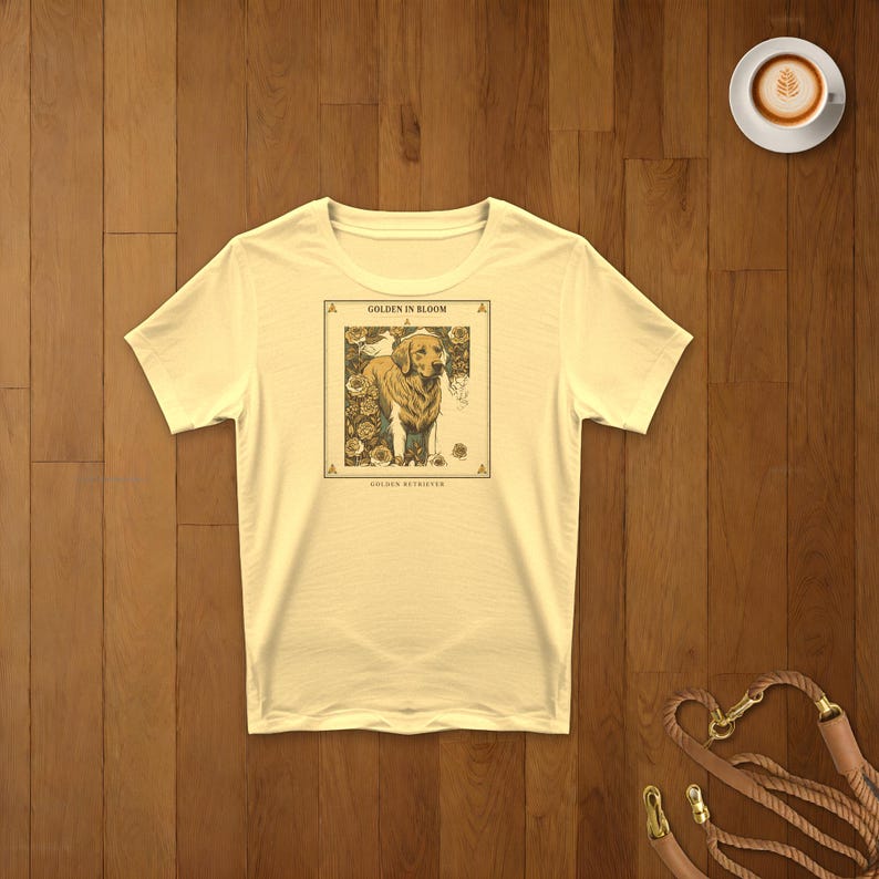 May include: A pale yellow short-sleeve t-shirt featuring a rectangular graphic print of a Golden Retriever surrounded by flowers. The text "GOLDEN IN BLOOM" appears above the dog, and "GOLDEN RETRIEVER" is printed below the illustration.