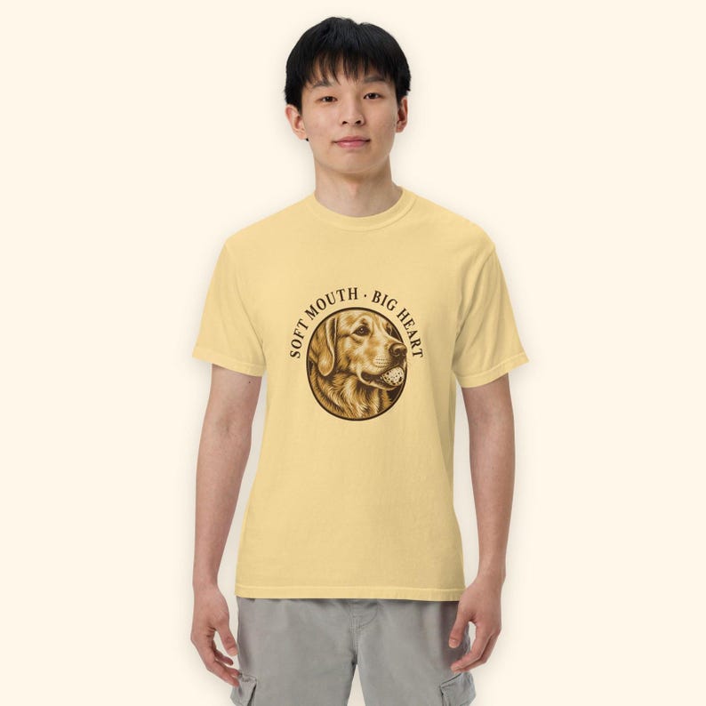 Golden Retriever Shirt, Soft Mouth · Big Heart Linocut Golden Tee, Comfort Colors Butter, Vintage Golden Retriever Mom Dad Gift image 3