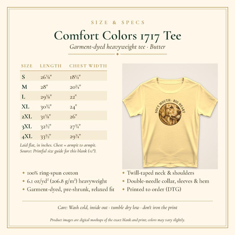 Golden Retriever Shirt, Soft Mouth · Big Heart Linocut Golden Tee, Comfort Colors Butter, Vintage Golden Retriever Mom Dad Gift image 5