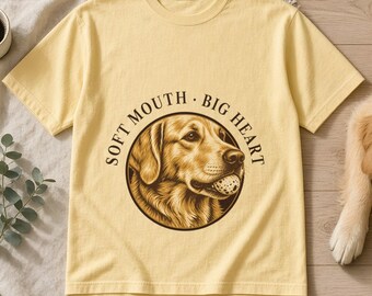 Golden Retriever Shirt Soft Mouth · Big Heart, Vintage Linocut Golden Gift for Mom Dad Tee