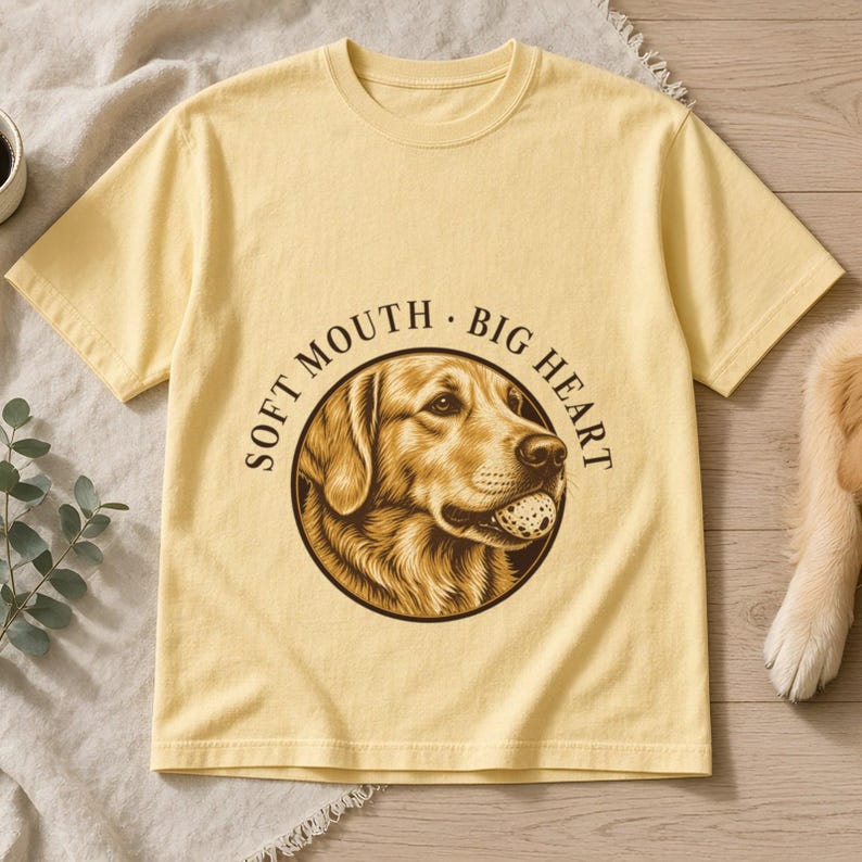 Golden Retriever Shirt, Soft Mouth · Big Heart Linocut Golden Tee, Comfort Colors Butter, Vintage Golden Retriever Mom Dad Gift image 1