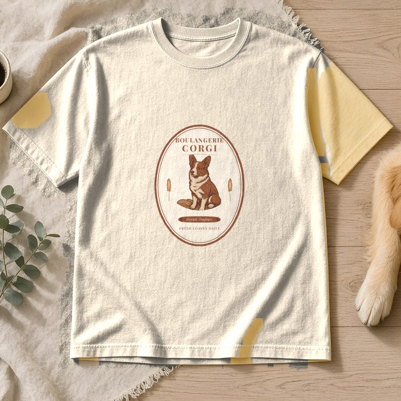 May include: A cream-colored short-sleeve t-shirt featuring a central oval graphic with a brown and white Corgi illustration. The text reads BOULANGERIE CORGI, Sourdough Boulangerie, and FRESH LOAVES DAILY, accompanied by two wheat stalk icons.