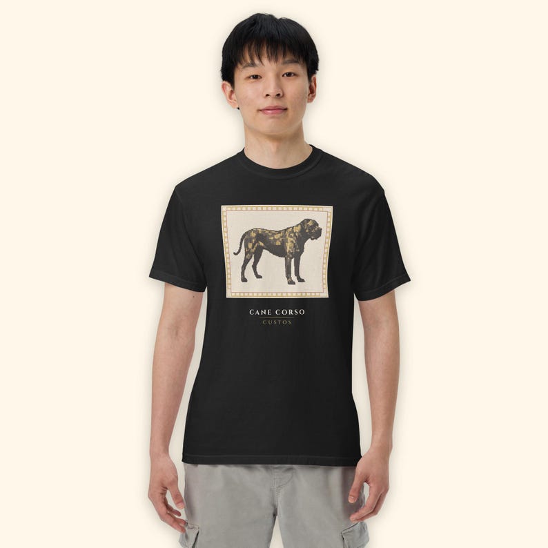 May include: A black short-sleeve t-shirt featuring a rectangular graphic of a Cane Corso dog in shades of brown and gold. The graphic is framed by a light-colored border and includes the text CANE CORSO CUSTOS printed in black below the image.