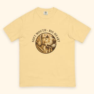 Golden Retriever Shirt, Soft Mouth · Big Heart Linocut Golden Tee, Comfort Colors Butter, Vintage Golden Retriever Mom Dad Gift image 2