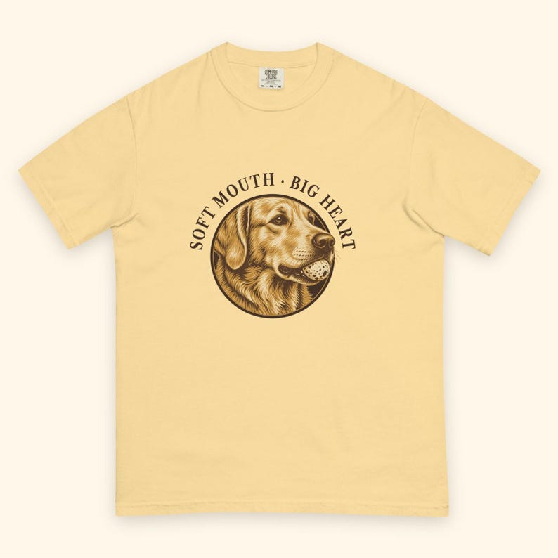 Golden Retriever Shirt, Soft Mouth · Big Heart Linocut Golden Tee, Comfort Colors Butter, Vintage Golden Retriever Mom Dad Gift image 2