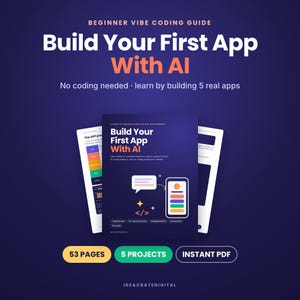 Può includere: Una guida digitale intitolata Build Your First App With AI, con una copertina blu scuro che mostra un'icona di smartphone, fumetti e simboli di codice. La guida include 53 pagine, 5 progetti ed è disponibile come download PDF.