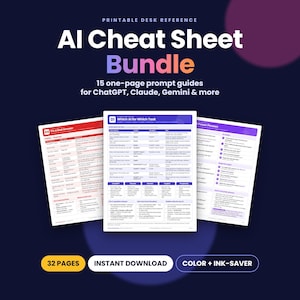 Può includere: Un pacchetto digitale stampabile di fogli di riferimento sull'IA con 15 guide ai prompt di una pagina per ChatGPT, Claude e Gemini. Il set include 32 pagine con opzioni a colori e risparmio d'inchiostro, disponibile per il download.