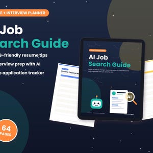 Puede incluir: Una guía digital de búsqueda de empleo con IA de 64 páginas. La portada muestra el título AI Job Search Guide, un icono de robot y un documento con una lupa. Incluye consejos para currículums, preparación de entrevistas y un rastreador de empleo.