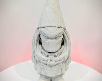 Mini Alien Hunter Garden Gnome, Small Solid Concrete Sci-Fi Statue, Dreadlocked Mandible Warrior, Weatherproof Outdoor Decor
