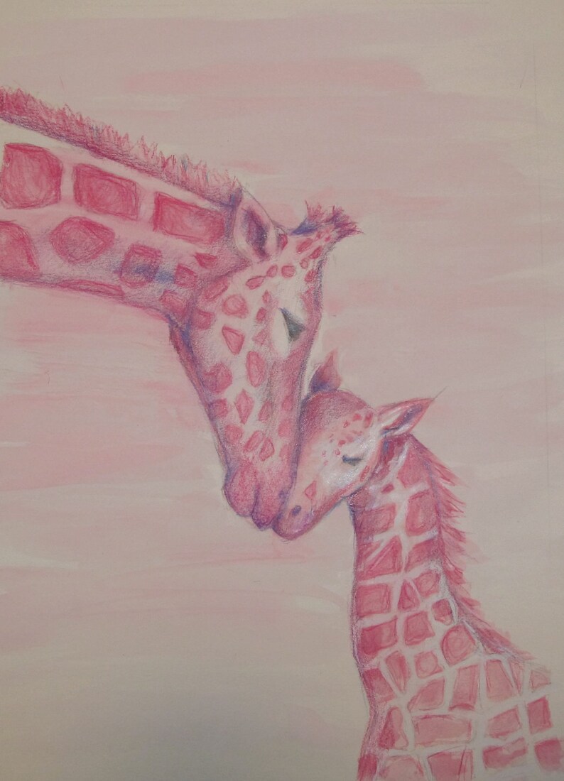 Colored Pencil/ Watercolor Pink Giraffes | Etsy