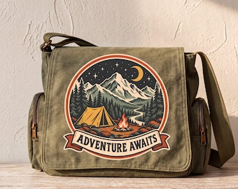 Adventure Awaits Canvas Messenger Bag, Mountain Campfire Tent Badge Crossbody Satchel, Camping Gift for Him, Hiker, Outdoorsy, Unisex