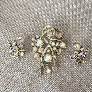 Coro Aurora Borealis Glass Teardrop Rhodium Brooch and Earrings Set