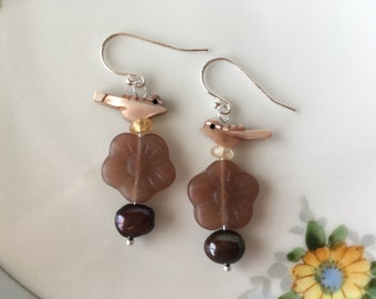 Beachy Vintage 70's Pale Brown Shell Bird Fetish, Freshwater Pearl & Vintage 1950's Brown Czech Glass Flower Bead Boho Earrings