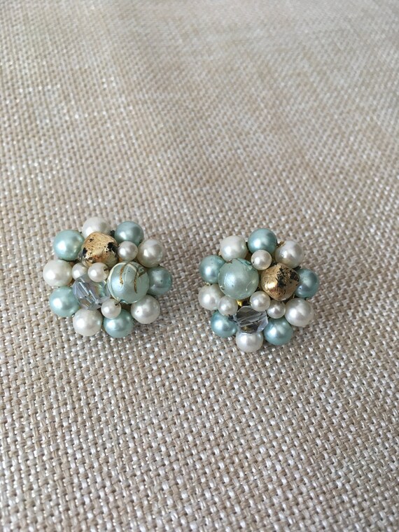 Aquamarine and Pearl Wired Earrings Made in Japan - image 1