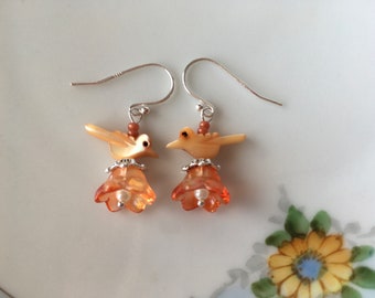 Vintage 70's Peach Colored Shell Bird Fetish and Glass Flower Earrings with Sterling Silver Ear Wires and Head Pins