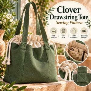 Op de afbeelding: Een donkergroene tas met trekkoord, een beige stoffen bovenkant en dikke witte touwen. De tekst Clover Drawstring Tote Sewing Pattern is zichtbaar, samen met iconen voor PDF-patroon, maten S-M, gevoerd met 2 zakken.