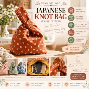 Pode incluir: Um molde de costura para bolsa de nó japonesa em tecido cor de ferrugem com estampa de margaridas brancas. A imagem inclui texto, ícones e diagramas mostrando um tamanho final de 25,4 por 17,8 por 7,6 cm, design reversível e 14 passos.