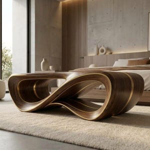 Mesa de centro escultural de nogal con incrustaciones de oro, estilo Art Déco moderno.