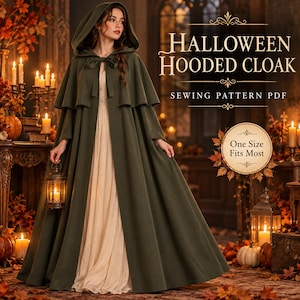 Può includere: Un mantello con cappuccio color verde oliva che arriva fino a terra, con chiusura a fiocco sul collo, indossato sopra un abito color crema. Il testo sull'immagine recita HALLOWEEN HOODED CLOAK SEWING PATTERN PDF e One Size Fits Most. Il mantello ha una mantellina.