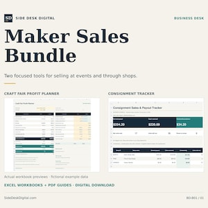 Op de afbeelding: Een digitale Maker Sales Bundle van Side Desk Digital met een Craft Fair Profit Planner en een Consignment Tracker. Het document bevat twee voorbeelden van spreadsheets met financiële gegevens, aangeduid als Excel-werkmappen.