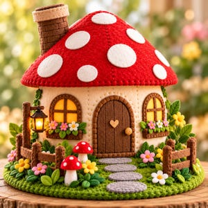 May include: A felt mushroom house with a red roof featuring white polka dots, a brown chimney, and a central brown door. The structure includes two yellow-lit windows, a small lantern, a brown fence, and green felt foliage with flowers.