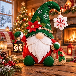 May include: A felt gnome figurine wearing a tall green hat with white snowflake embroidery and a red poinsettia. The gnome has a white beard, a tan nose, and red clothing. It holds a black lantern in one hand and a burlap sack in the other.
