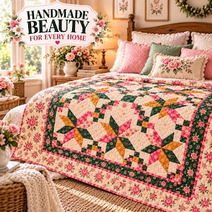 May include: A quilt featuring a star pattern in shades of pink, yellow, and dark green on a cream background, with a floral border. The text "HANDMADE BEAUTY FOR EVERY HOME" is displayed in a decorative frame above the bed.