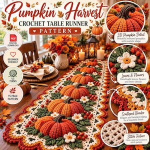 Könnte beinhalten: Eine Häkelanleitung für einen Tischläufer namens Pumpkin Harvest mit 3D-Kürbissen in Orange, weißen Blumen, grünen Blättern und roten Beeren. Das Design umfasst einen gewellten Rand und eine detaillierte Maschenstruktur als 15-seitiges PDF.