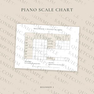 Puede incluir: Una tabla blanca rectangular de escalas de piano con texto negro y líneas de cuadrícula. El encabezado dice PIANO SCALE CHART y BEGINNER 1 PIANO SCALES. La tabla muestra escalas musicales con columnas para tonos mayores y menores.