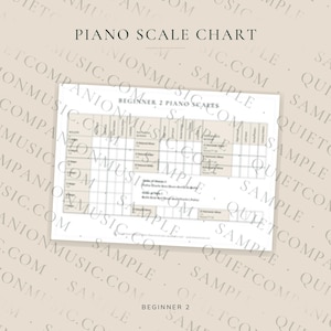 Puede incluir: Una tabla de escalas de piano blanca con texto negro titulada PIANO SCALE CHART y BEGINNER 2 PIANO SCALES. El documento presenta un diseño de cuadrícula con columnas para escalas, notas naturales y menores armónicas, incluyendo texto de sostenidos.