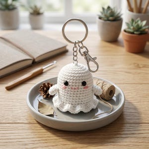 May include: A white crocheted ghost keychain featuring a rounded head, small arms, and a ruffled base. The ghost has two black bead eyes and stitched pink cheeks. It is attached to a silver-toned metal split ring and a lobster claw clasp.
