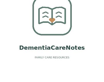 Puede incluir: Un logotipo con un icono cuadrado de esquinas redondeadas y contorno verde salvia, que contiene un gráfico de un libro abierto estilizado con un pequeño corazón color canela en el centro. Debajo, el texto DementiaCareNotes en verde oscuro y FAMILY CARE RESOURCES.
