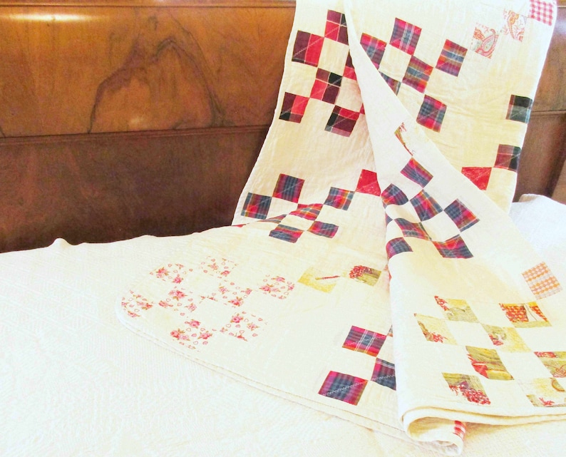 Farmhouse Chic White Back and Background History Checked Quilt All Hand-made Quilt Multi-color Zig-zag Stitches
