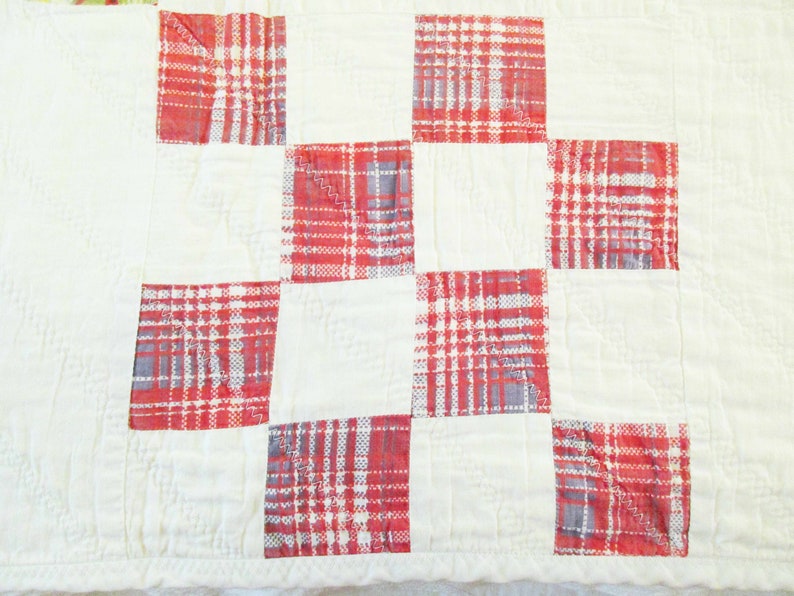 Farmhouse Chic White Back and Background History Checked Quilt All Hand-made Quilt Multi-color Zig-zag Stitches