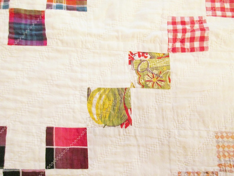 Farmhouse Chic White Back and Background History Checked Quilt All Hand-made Quilt Multi-color Zig-zag Stitches