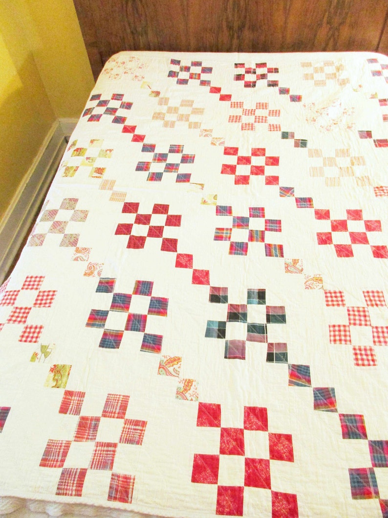 Farmhouse Chic White Back and Background History Checked Quilt All Hand-made Quilt Multi-color Zig-zag Stitches