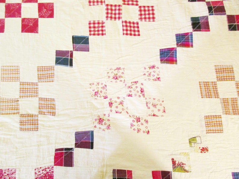 Farmhouse Chic White Back and Background History Checked Quilt All Hand-made Quilt Multi-color Zig-zag Stitches