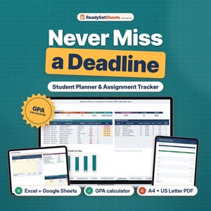 Op de afbeelding: Een digitale studentenplanner en opdrachten-tracker weergegeven op een computermonitor en twee tablets. Het scherm toont een cijfercalculator, grafieken en takenlijsten. Tekst: "Never Miss a Deadline", "Student Planner & Assignment Tracker", "Excel + Google Sheets", "GPA calculator", "A4 + US Letter PDF".