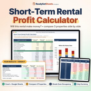 Può includere: Un foglio di calcolo digitale per il calcolo dei profitti da affitti a breve termine visualizzato su uno schermo di laptop e tablet. L'interfaccia presenta tabelle per i costi fissi, risultati finanziari e un grafico a barre intitolato Where the Money Goes, con un riquadro di riepilogo.