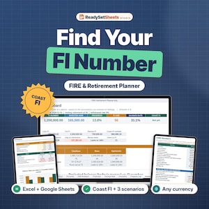 Könnte beinhalten: Ein digitales Finanzplanungstool mit dem Titel Find Your FI Number, das eine Tabellenkalkulationsoberfläche auf einem Computermonitor und zwei Tablets zeigt. Die Anzeige enthält Datentabellen, Diagramme und Kennzahlen für die Ruhestandsplanung sowie Kompatibilität mit Excel und Google Sheets.