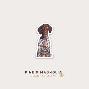 May include: A sticker featuring a brown and white German Shorthaired Pointer dog sitting and looking directly at the camera. The dog has a white patch on its chest and brown spots on its body. The sticker is on a white background.