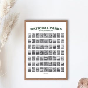 May include: A framed poster with the title "National Parks of the United States". The poster features a grid of black and white illustrations of different national parks.
