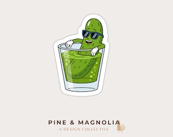 Funny Pickle Shot Sticker | Pickle in a Shot Glass Vinyl Sticker | Pickle Lover Decal | Waterproof Laptop Sticker | Cocktail Sticker | Gift