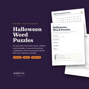Halloween Word Search Printable, Word Scramble, Crossword and Cryptograms with Solutions, Kids and Adults Puzzle Pack, Instant Download